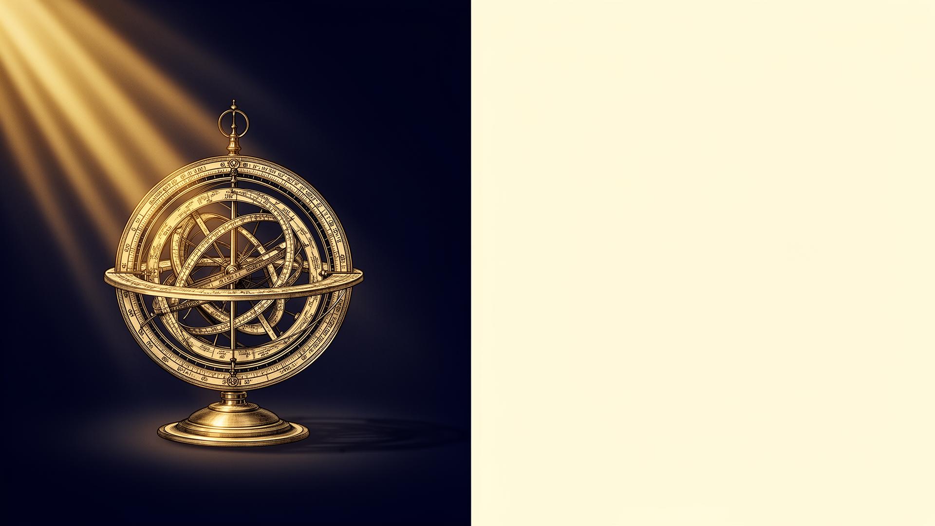 An antique gold armillary sphere lit by celestial light — the Oracle's compass for navigating your brand.